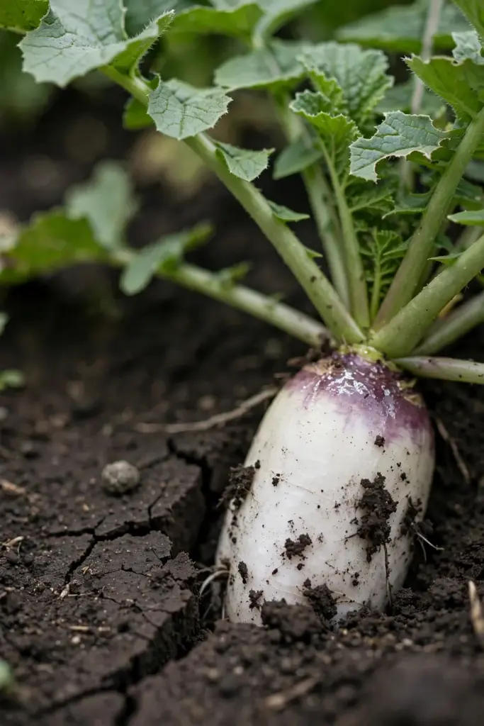 Tillage radish root crown pushing up from dark soil, leafy top