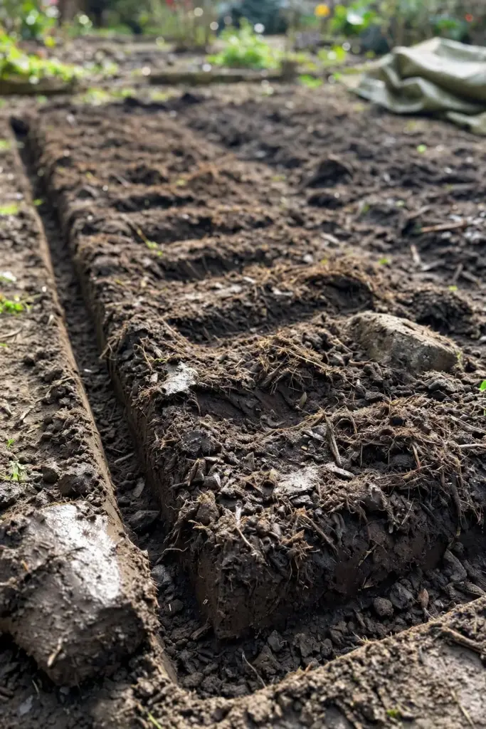 Freshly turned bed soil with compost mixed through after one tilling
