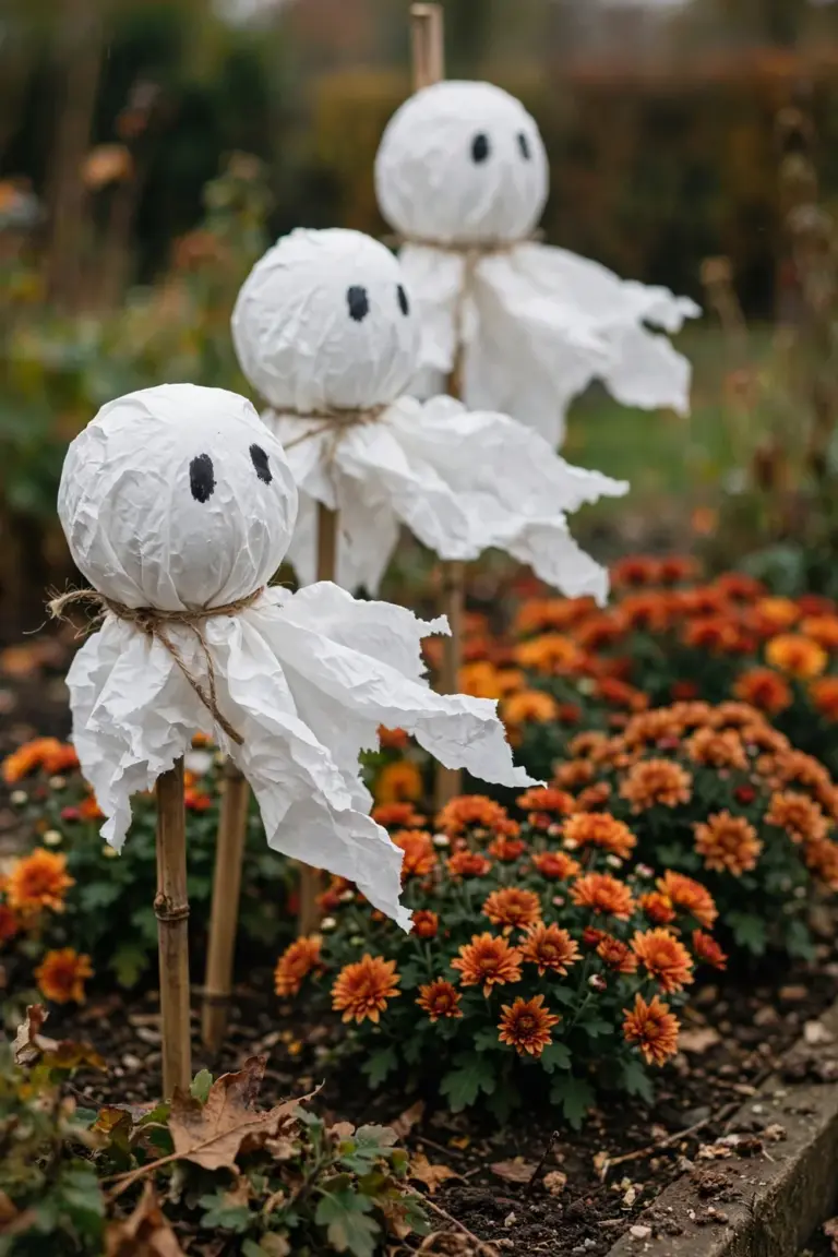 White tissue-paper ghosts on bamboo stakes above an autumn flower bed of orange mums