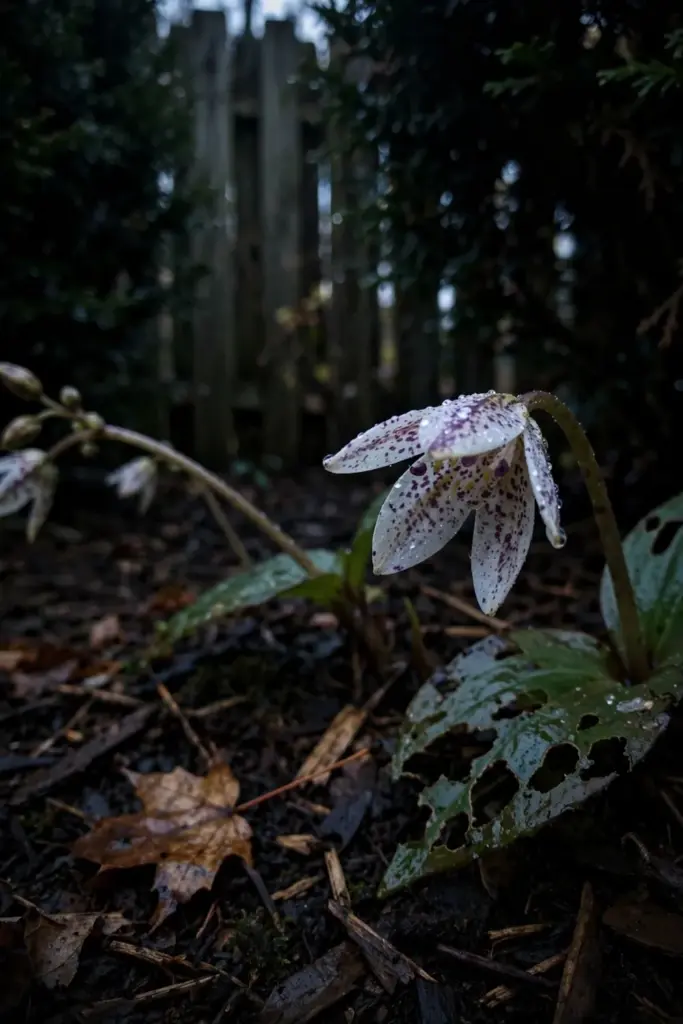 Spotted toad lily orchid-like flowers opening in deep November shade