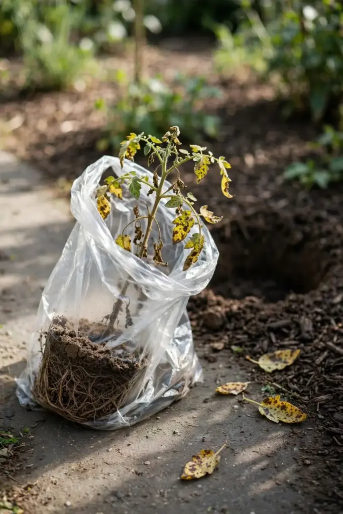 Bagged rogued tomato plant beside an empty hole in the bed.