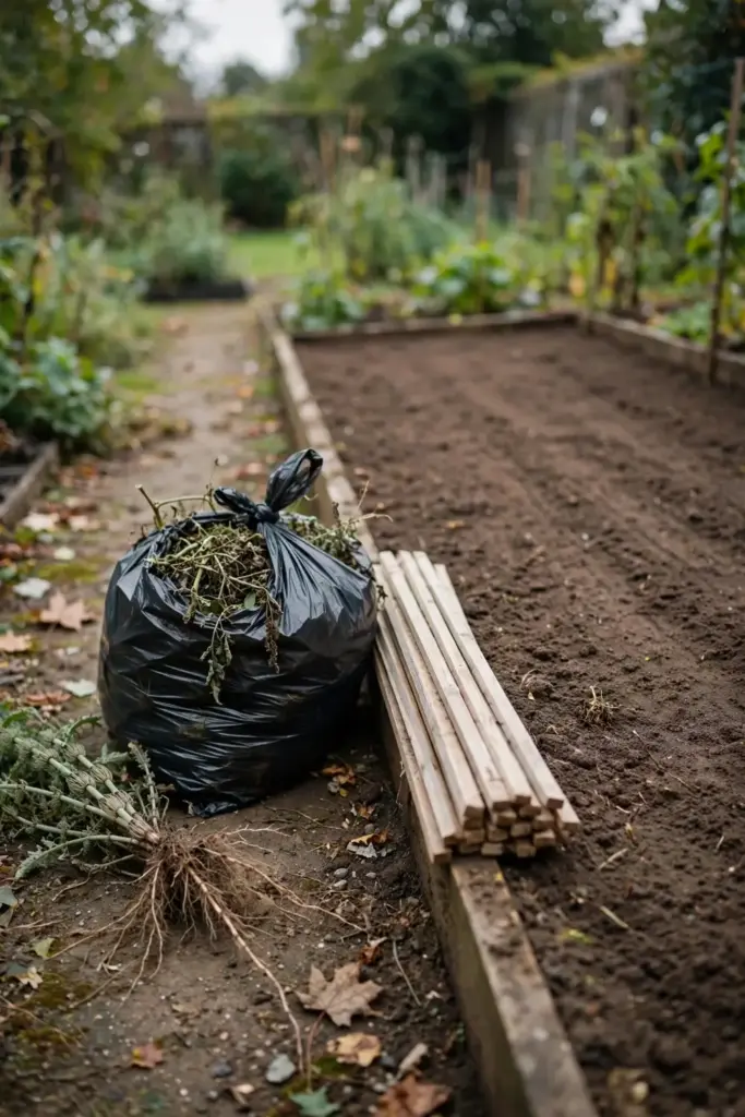 Cleaned tomato bed with bagged debris and pulled nightshade weeds.