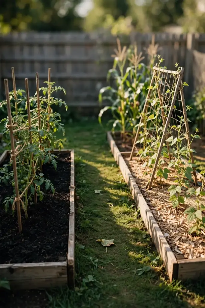 Two garden beds in rotation, tomatoes in one and beans with corn in the other.