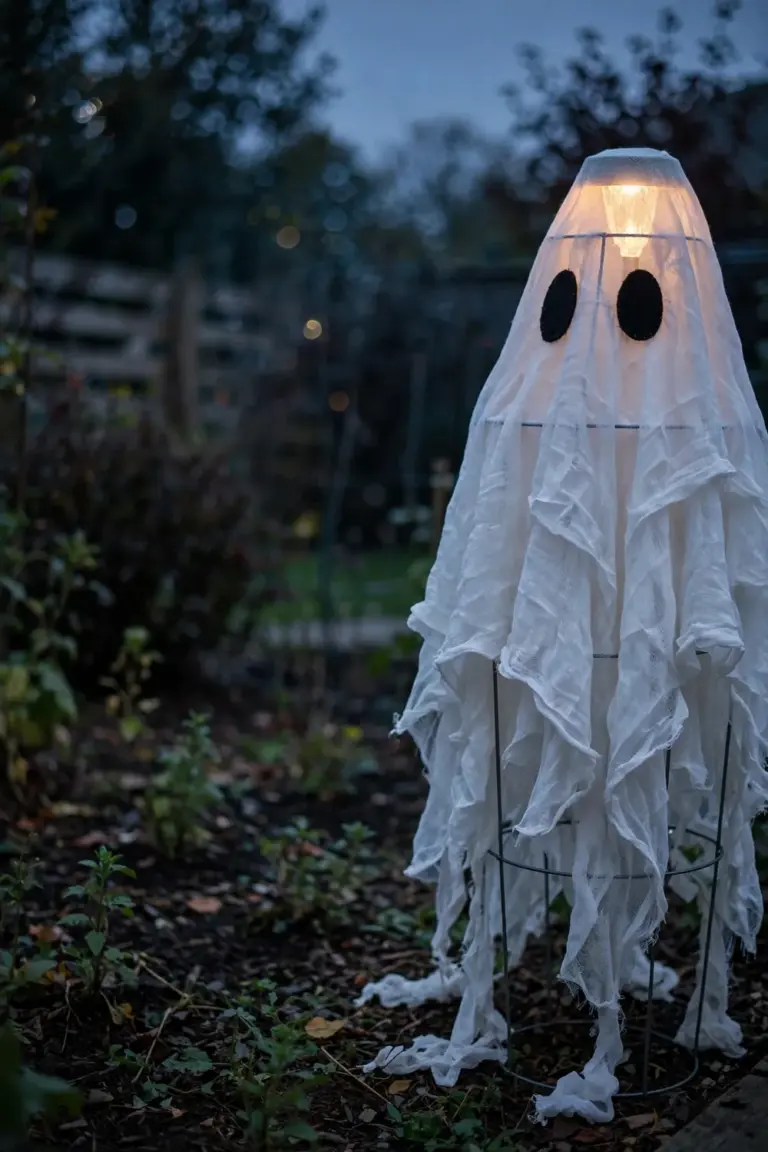 Homemade ghost from a tomato cage draped in white cheesecloth glowing in a garden bed at dusk