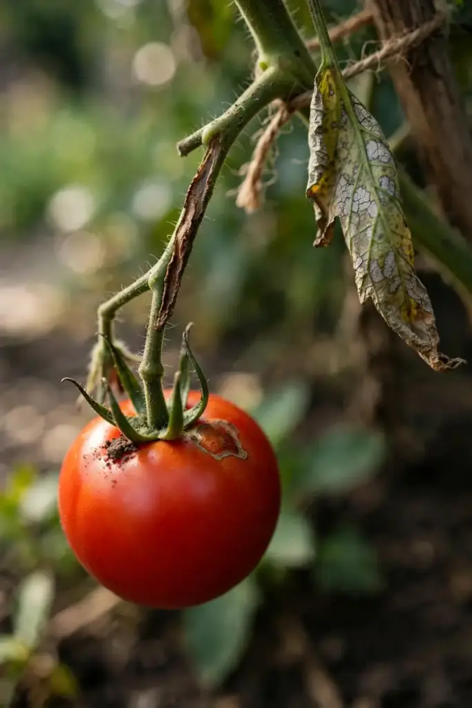 Clean red tomato fruit beside a spotted leaf and a stem with a brown lesion.