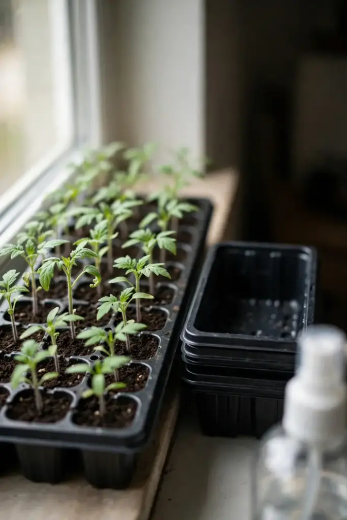 Clean seed-starting tray with healthy tomato seedlings on a windowsill.