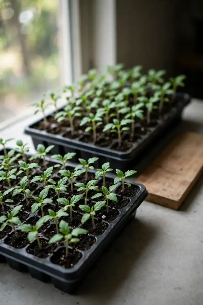 Clean tomato seedlings in fresh mix in disinfected trays by a bright window.