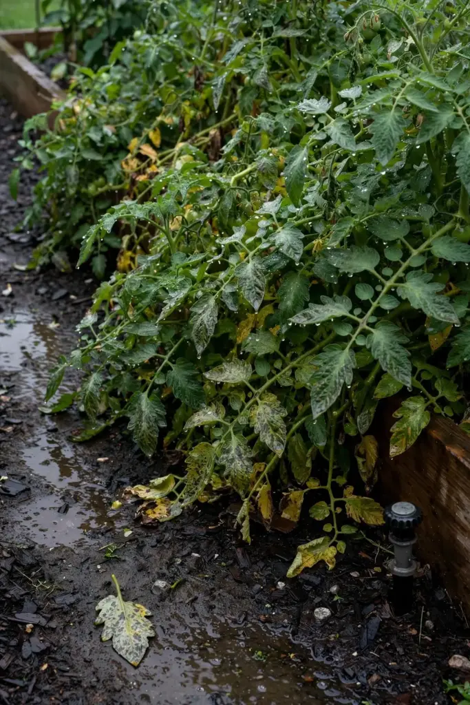 Crowded tomato bed with touching leaves and still humid air after rain.