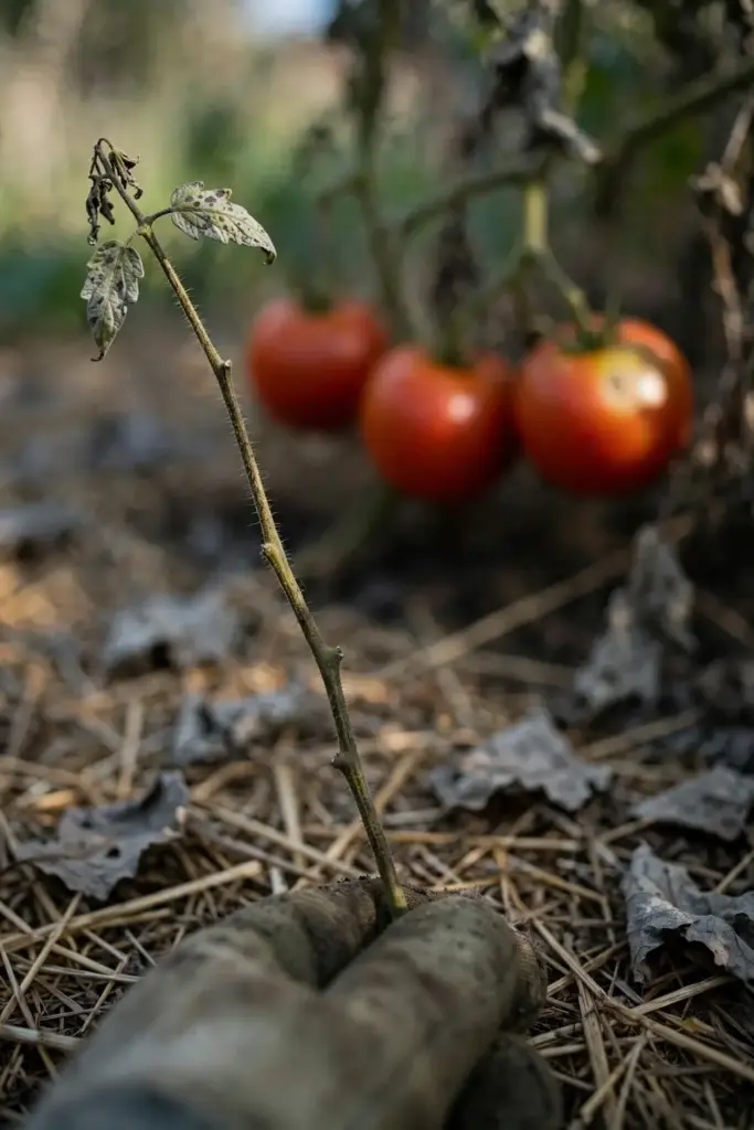 Worn garden mitt holding a defoliated tomato stem with exposed fruit behind it.