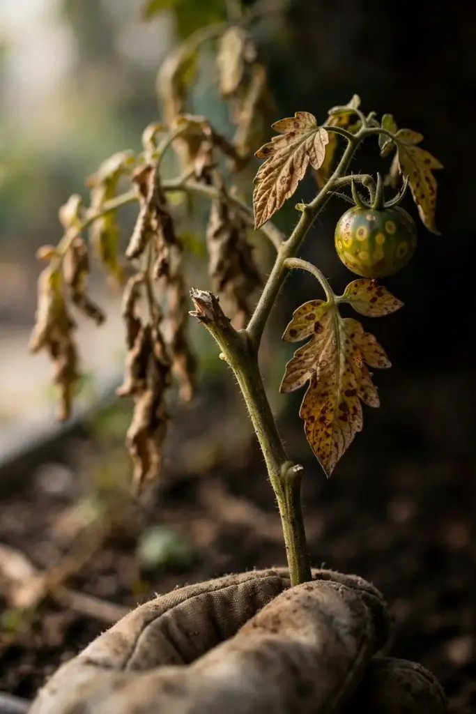 Tomato stem with bronzed ringspotted leaves held up for the discard decision.