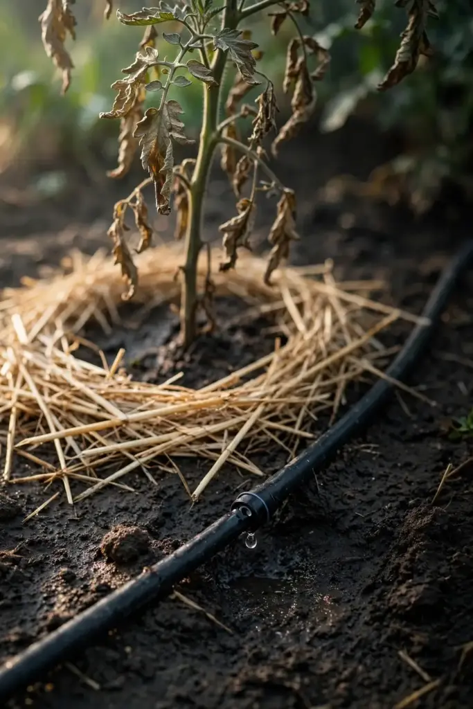 Drip line watering the soil at the base of a tomato plant with dry leaves.