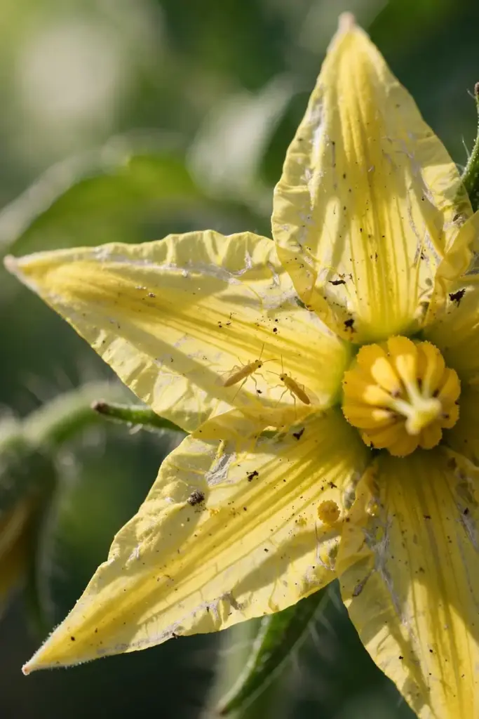 Extreme close-up of tiny thrips feeding inside a tomato flower.