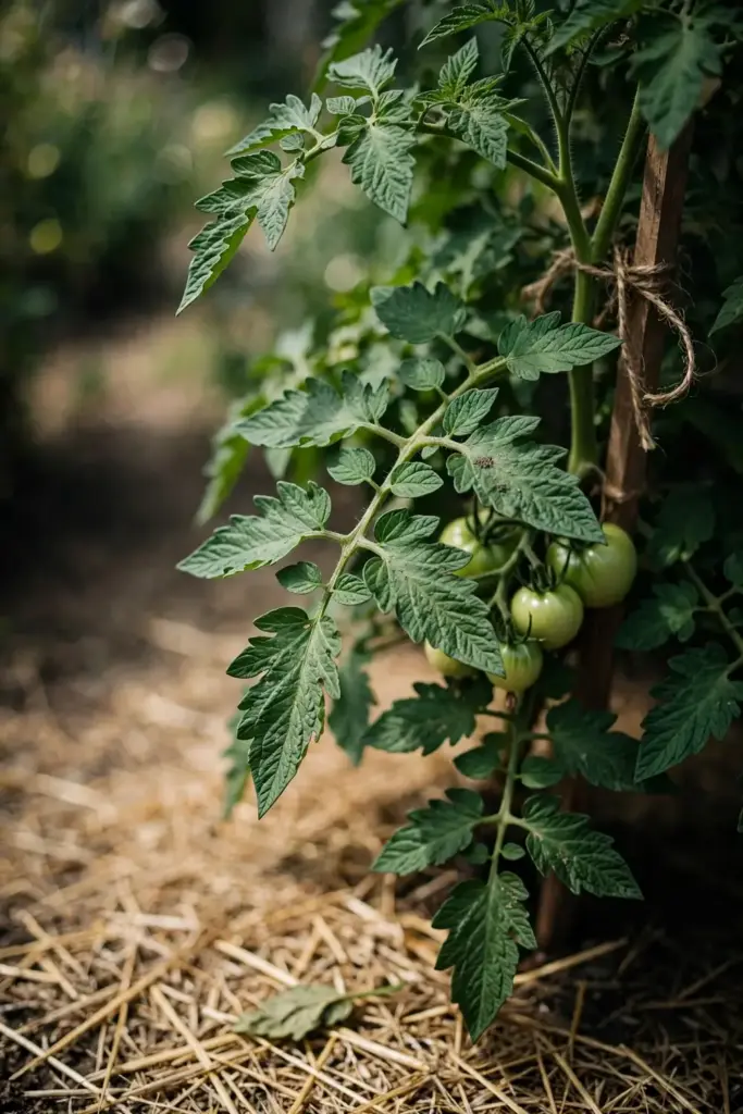 Healthy green tomato plant with clean leaves standing in a mulched bed.
