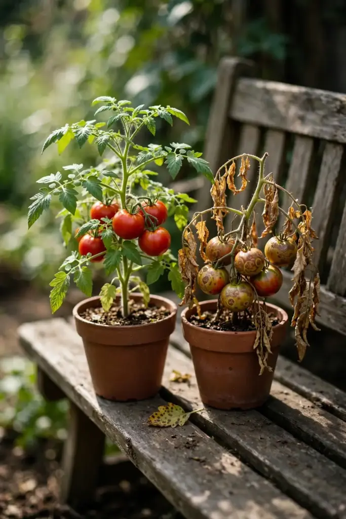 Healthy tomato plant beside a stunted ringspotted one for comparison.