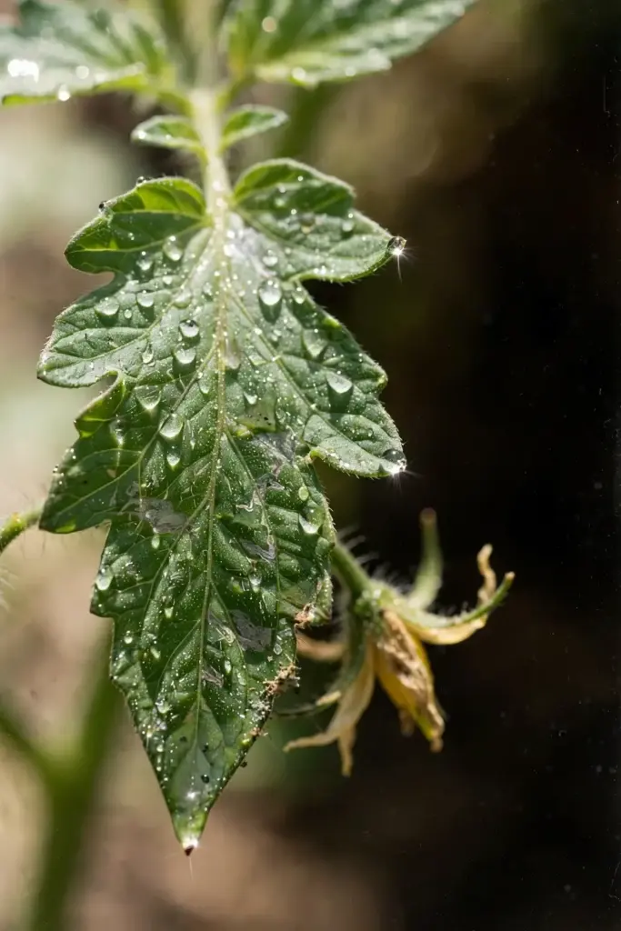 Water droplets on a tomato leaf after washing off thrips.