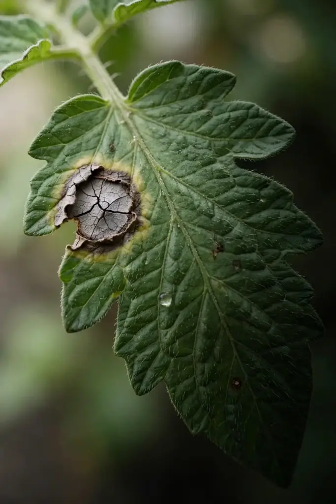 Extreme macro of a tomato leaf lesion with a gray cracked center and brown margin.