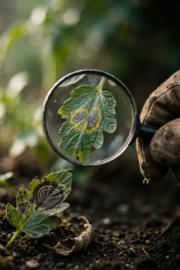 Magnifying glass over two tomato leaflets, one with gray spots and one with target rings.