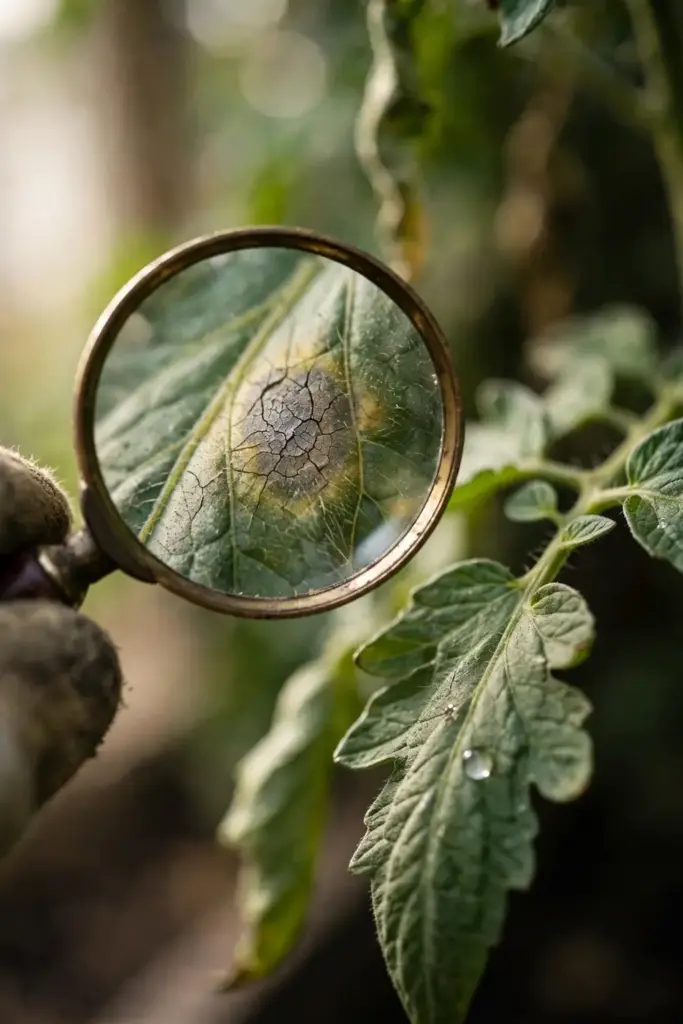 Magnifying glass over a tomato leaflet with gray cracked spots for close inspection.