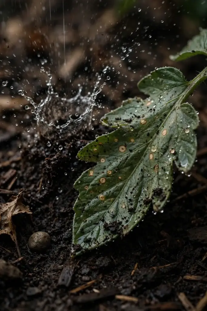 Rain splash droplets and soil crumbs on a spotted lower tomato leaf.