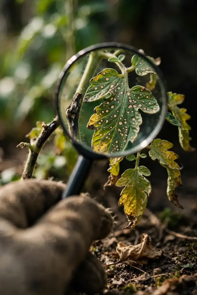 Magnifying glass over a tomato leaf speckled with septoria leaf spots.