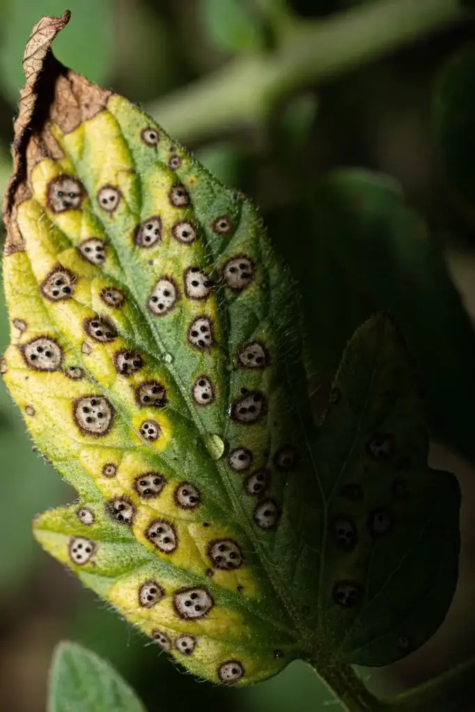 Extreme close-up of tomato leaflet covered in tiny tan spots dotted with black pycnidia.
