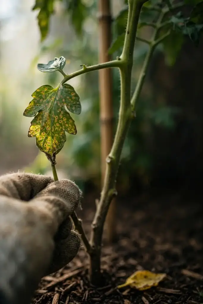 Garden mitt stripping a spotted lower tomato leaf from the stem.
