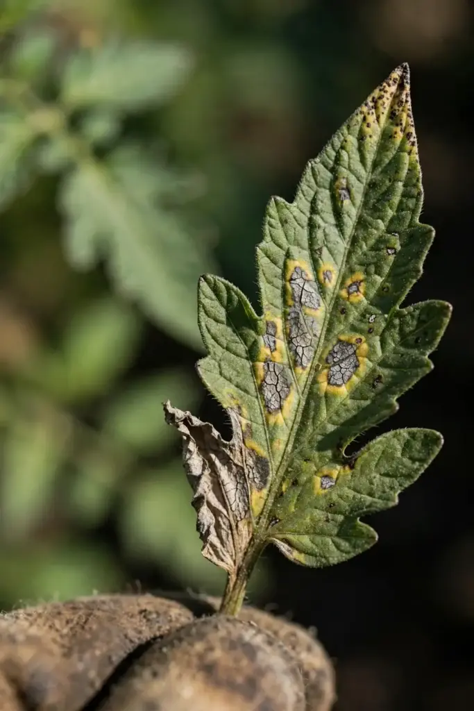 Worn garden mitt holding a tomato leaflet with gray spots at several stages.