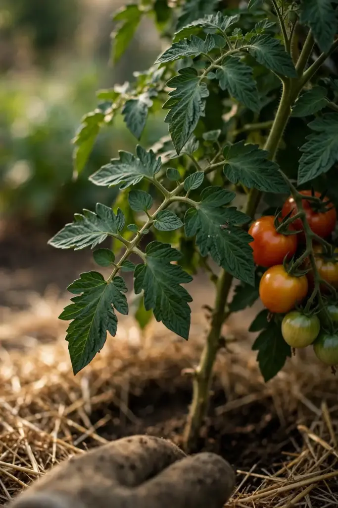 Healthy tomato plant in a managed bed with straw mulch and clean lower stems.