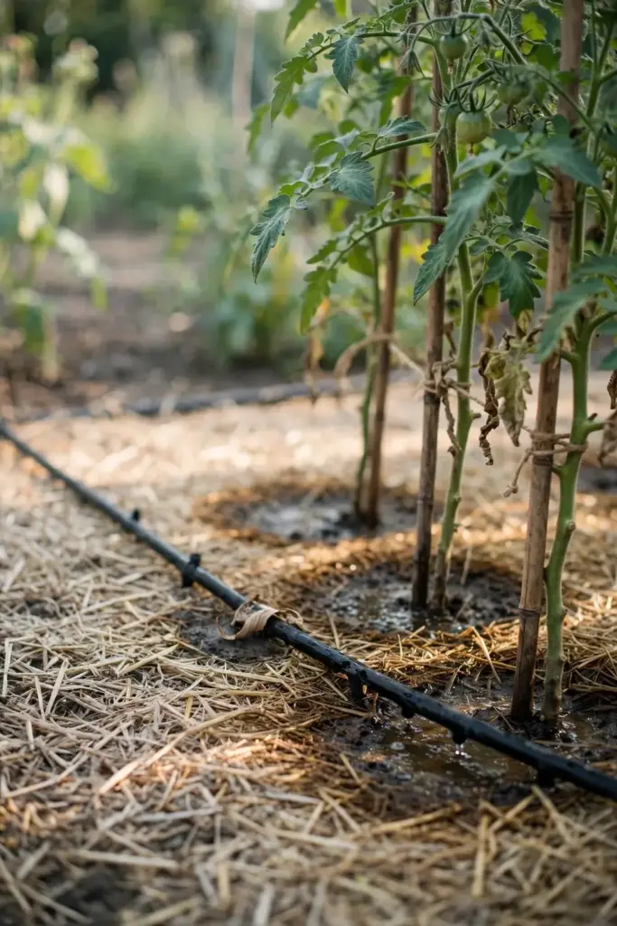 Drip line watering mulched tomato plants at the root zone.