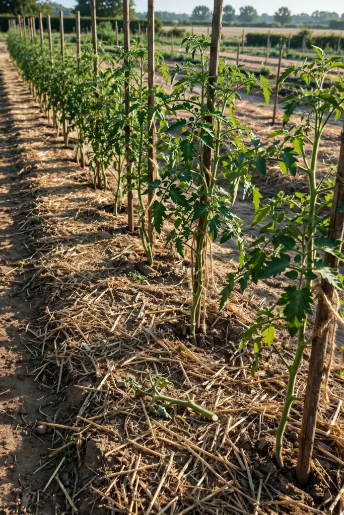 Staked tomato row with pruned open canopy and clear gaps between plants.