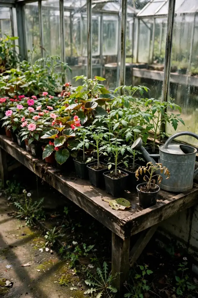 Greenhouse bench with ornamentals beside tomato transplants and weeds.