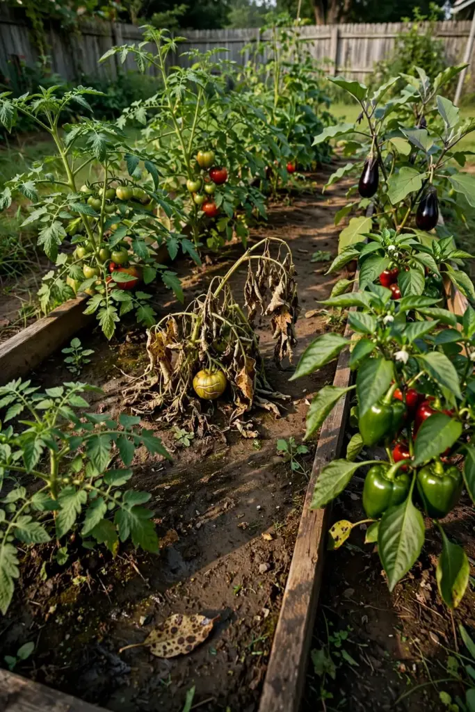 Vegetable bed with tomatoes, peppers, and one collapsed tomato plant.