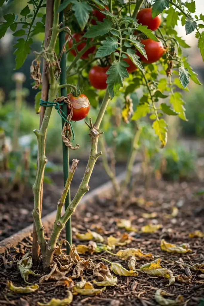 Tomato plant bare at the base from septoria with clean fruit above.