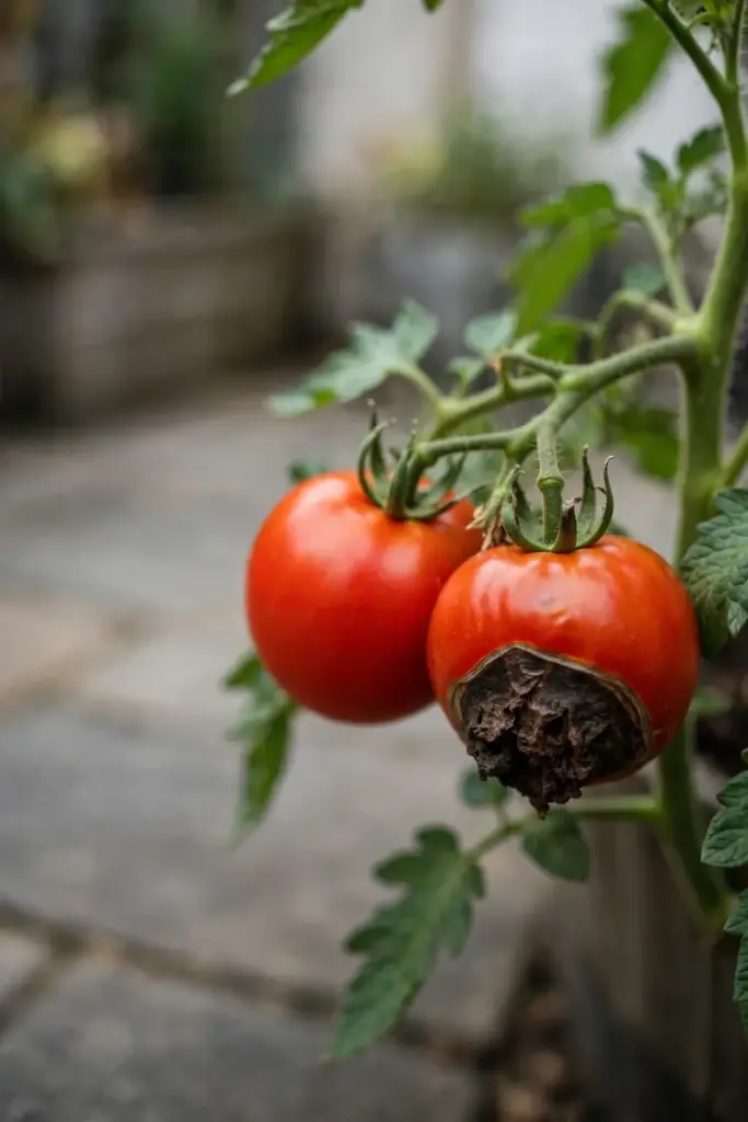 Tomato with a dark sunken patch on the bottom beside a healthy tomato