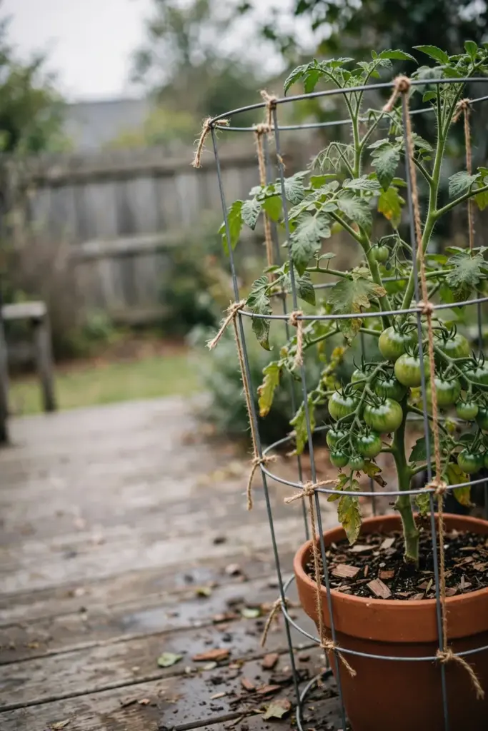 Tomato plant in a pot tied to a round wire cage with twine