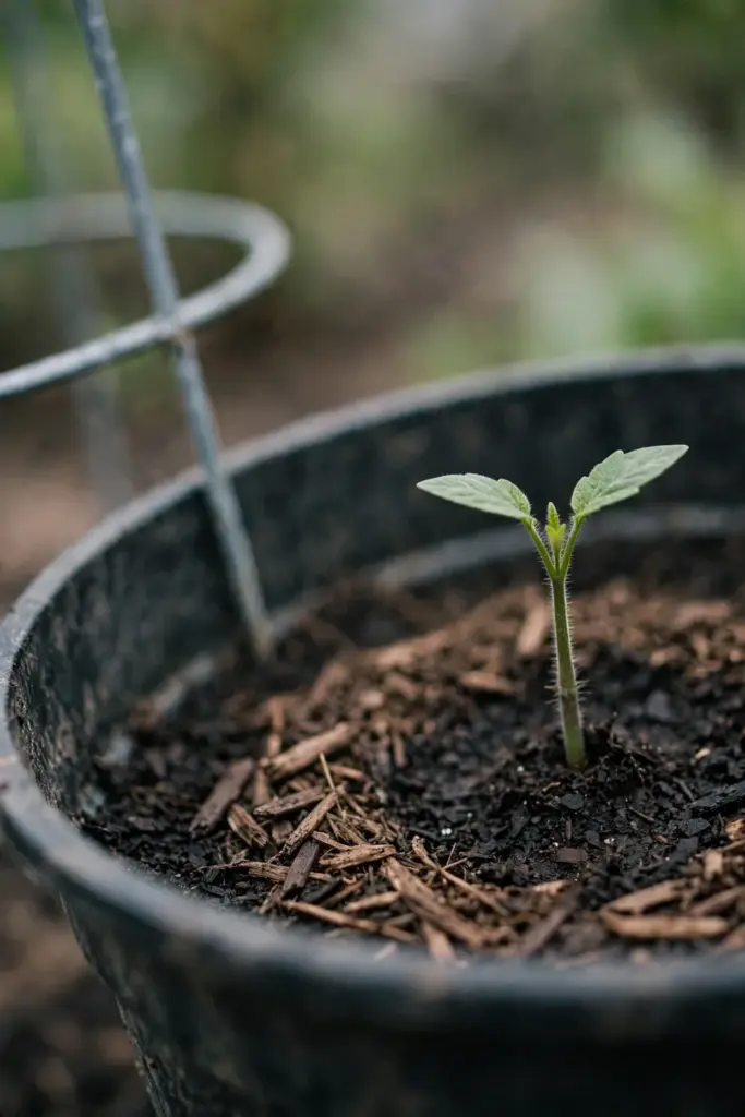 Tomato seedling planted deep in a pot with soil up to the first leaves