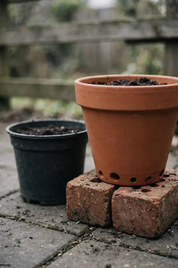 Terracotta pot with drainage holes raised on bricks beside a plastic pot