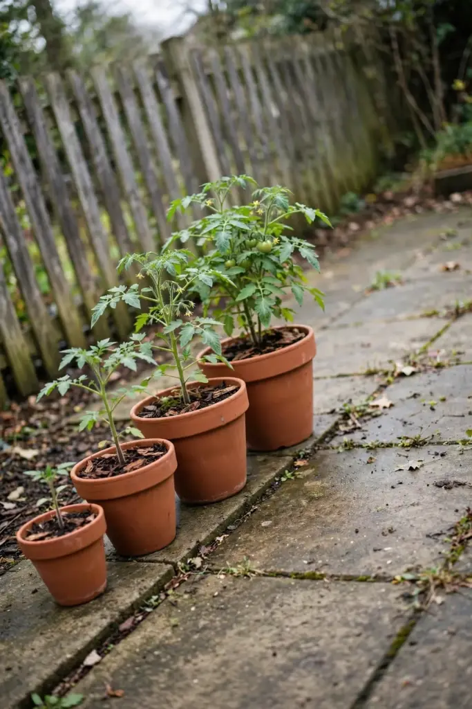 Four tomato pots in a row on a patio with different pot sizes