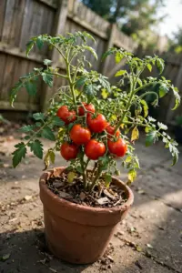 Potted tomato plant with ripe red fruit on a sunny patio