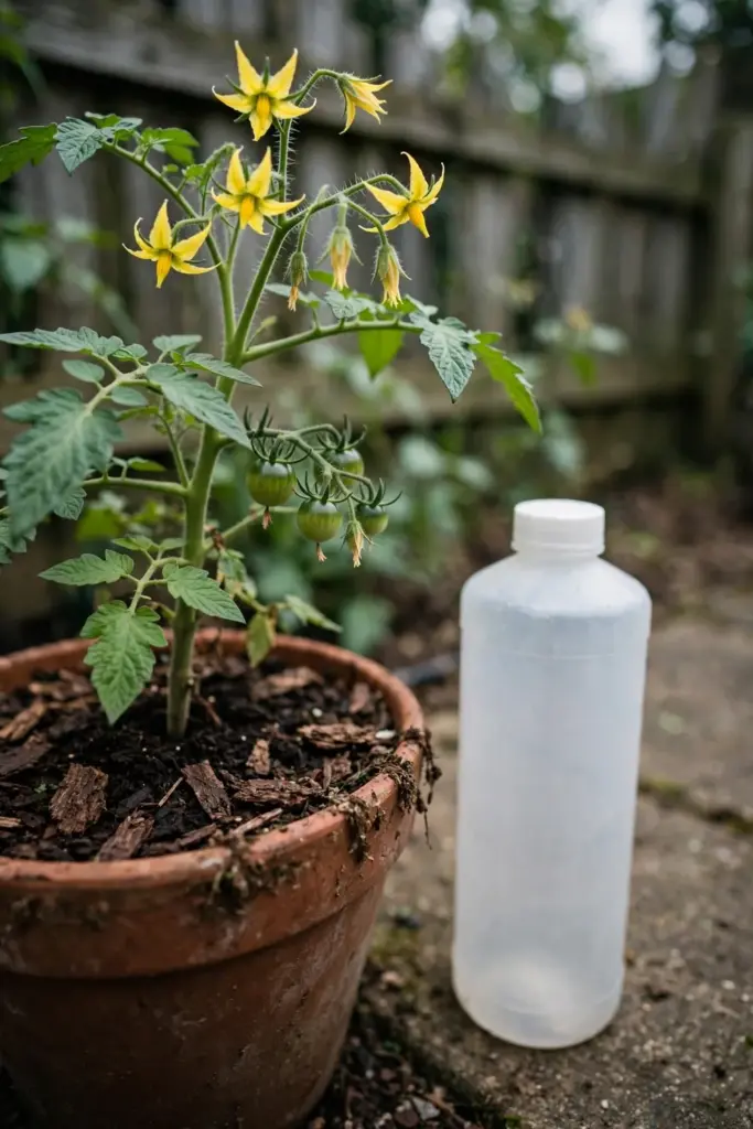 Tomato plant in a pot with yellow flowers and small fruit beside a liquid feed bottle