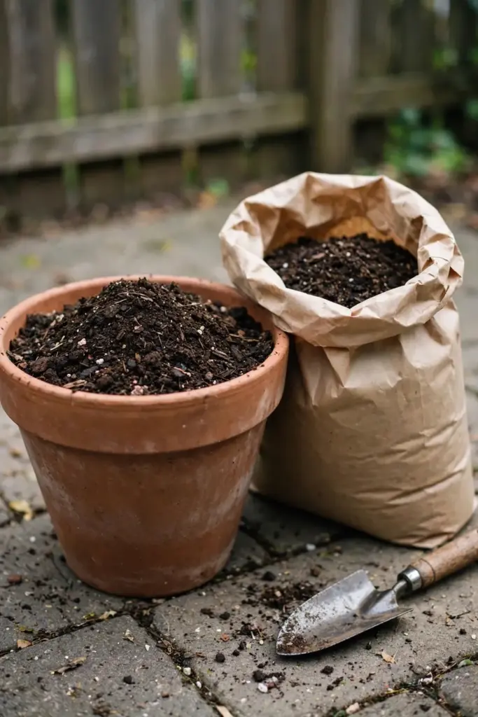 Pot filled with dark premium potting mix beside an open bag of mix
