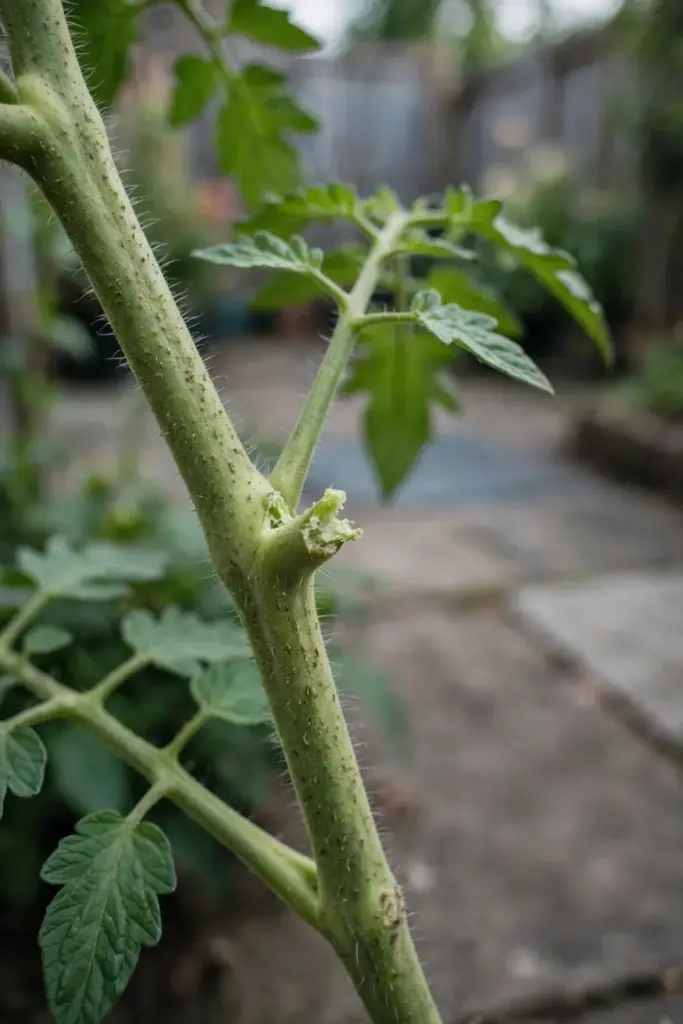Tomato stem with a small sucker snapped off at the leaf joint