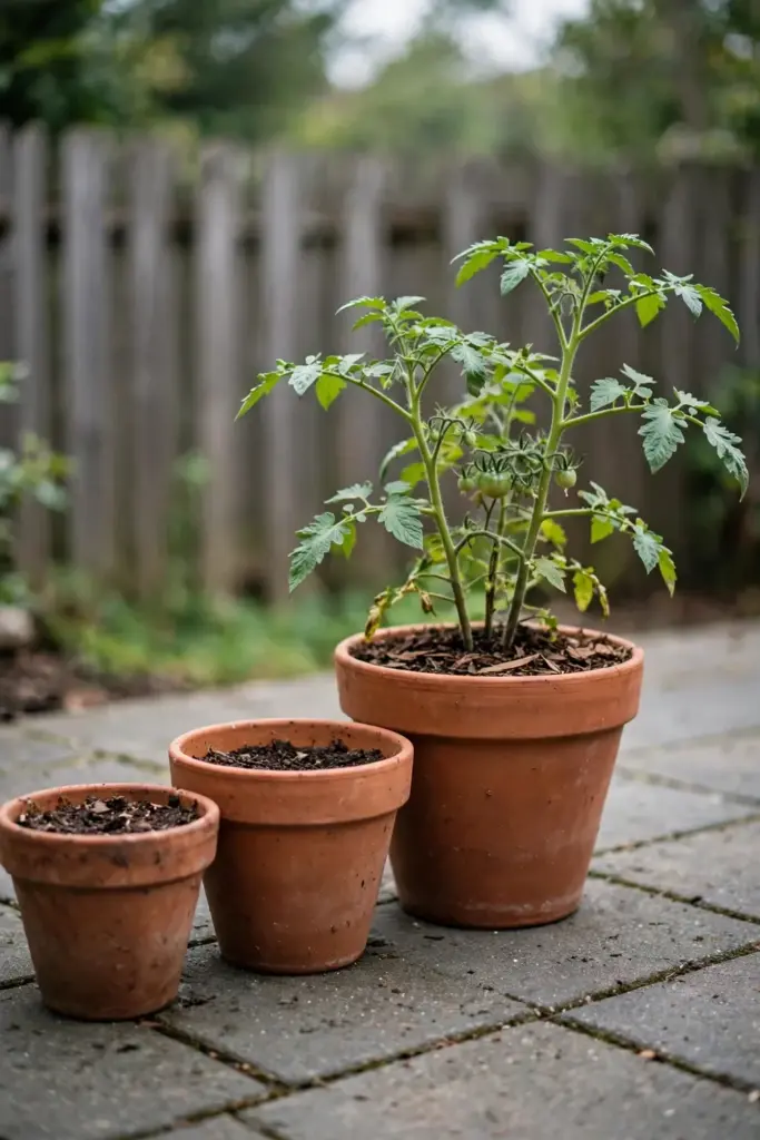 Three tomato pots of increasing size beside a tomato plant