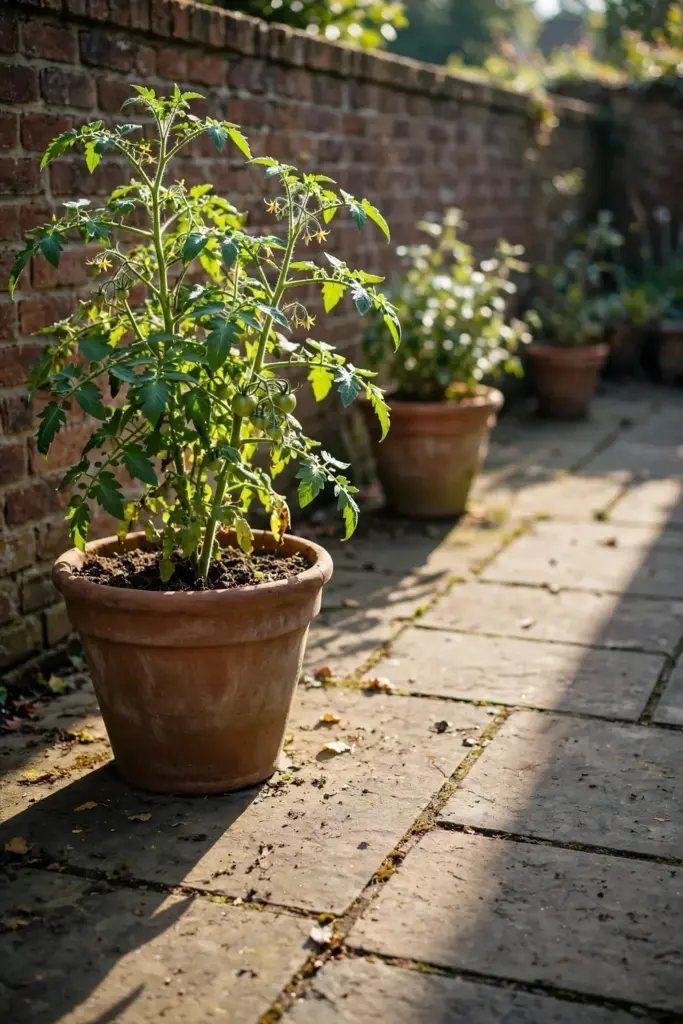 Tomato pot on a sunny north-facing patio with morning light