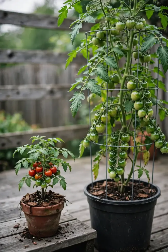 Dwarf tomato plant with small fruit beside a tall indeterminate tomato plant in pots