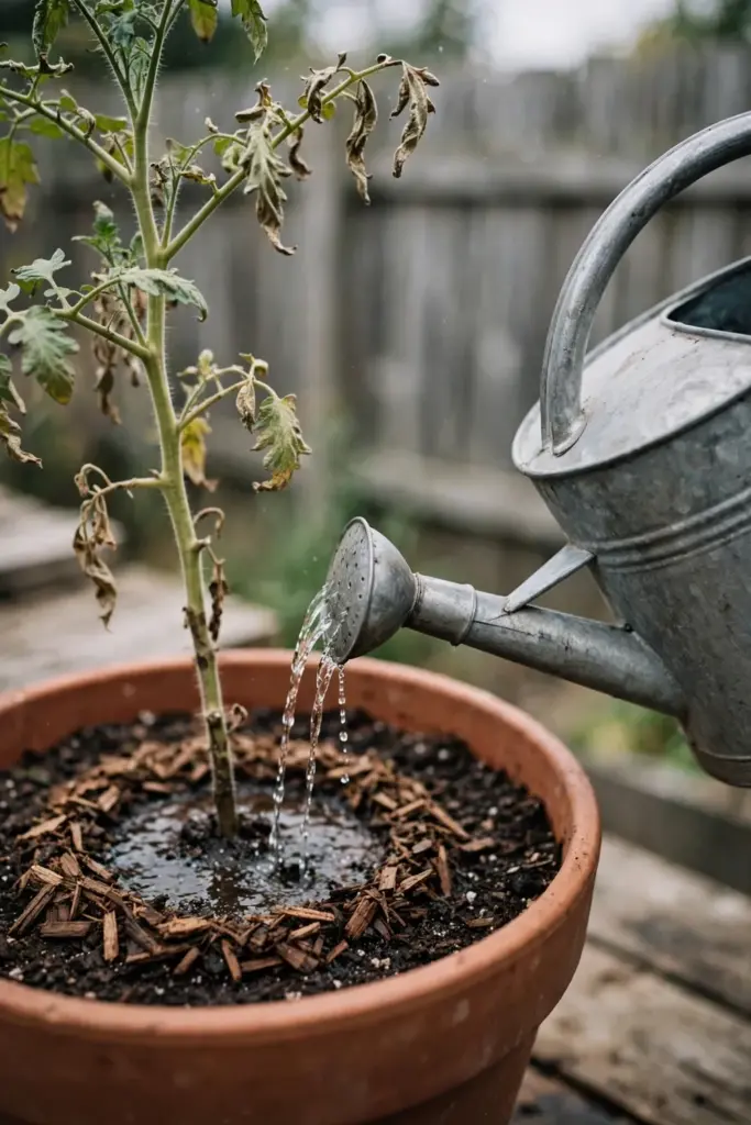 Watering can pouring water onto the mix at the base of a potted tomato