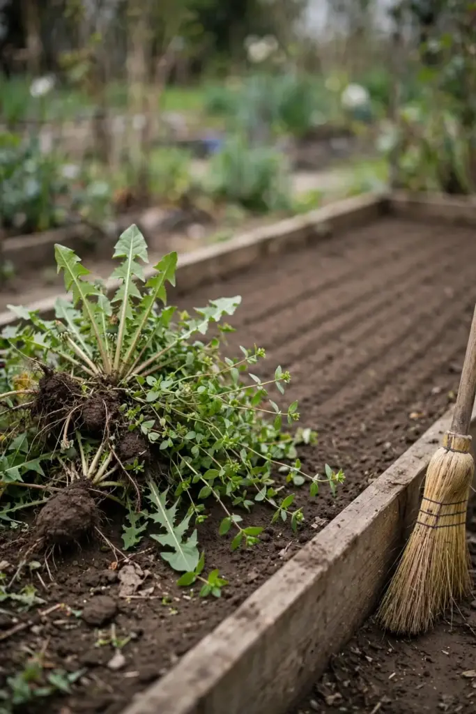 Pulled weeds piled beside a clean swept tomato bed.