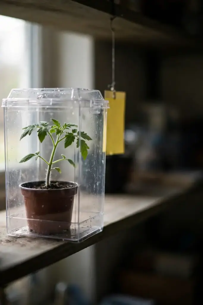 New tomato seedling isolated in quarantine on a separate shelf.