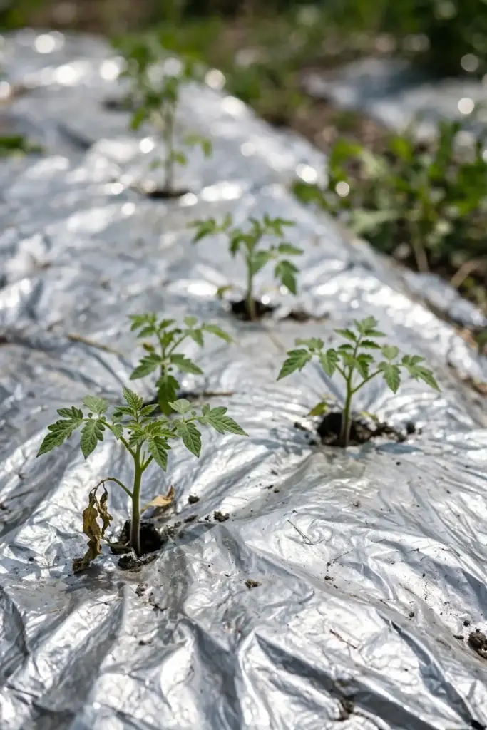 Young tomato transplants growing through reflective silver mulch.
