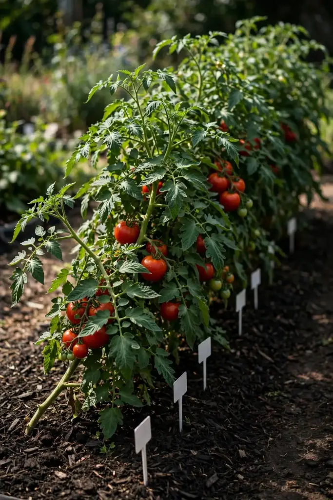 Row of healthy resistant tomato plants with blank markers in a bed.